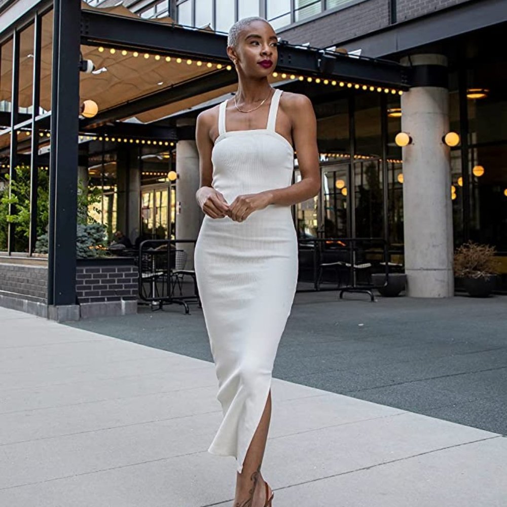 Large - The Drop Women's Whisper White Strappy Rib Midi Dress by @signedblake